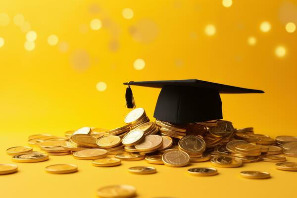 Graduated cap with coins on yellow background with bokeh. Saving for education, grant concept.