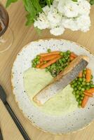 Salmon fillet on cauliflower puree with red wine top view, flat lay photo