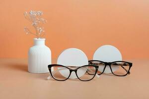 Gypsum shell with eyeglasses on colored background. Optical store, vision test, stylish glasses concept photo