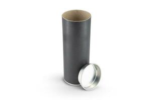 negro Kraft papel tubo estaño lata aislado en blanco antecedentes foto