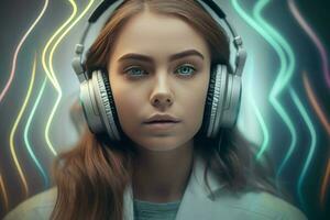 Woman wear headphones. Generate Ai photo