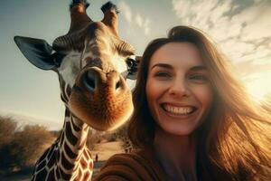 Selfie woman giraffe. Generate Ai photo