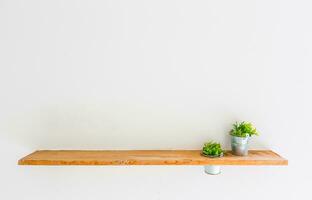 Wooden shelf on white wall with green plant. photo