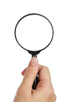 Hand holding magnifier isolated white background. photo