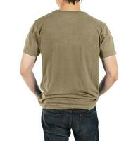 Close up of man in back brown shirt on white background. photo