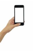 Hand holding smart phone isolated white background, use clipping path photo