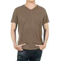 Close up of man in front brown shirt on white background. photo