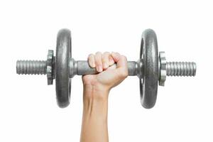 Close up hand men workout dumbbell on white background. photo