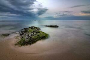 Seascape view of a calm sea with rocks with algae. Beauty sky with clouds at the horizon. photo