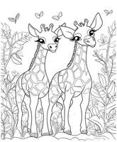 Giraffes jungle Coloring Page line art vector