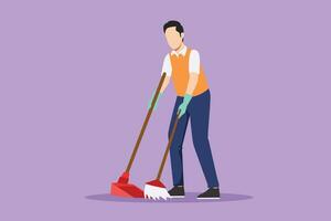 Character flat drawing of housekeeping male worker with broom and dustpan. Young man janitor, sweeping the floor with broom, holding dustpan, professional cleaning. Cartoon design vector illustration