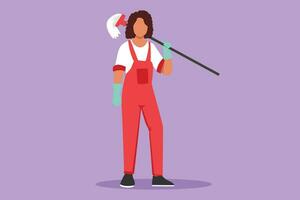 Graphic flat design drawing woman mopping floor, female cleaner janitor in uniform and bucket, cleaning service. Housework service or housekeeping workers, janitor. Cartoon style vector illustration