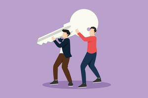 Cartoon flat style drawing business solution. Teamwork achievement. Cooperation and collaboration job. Two men lifting big key. Effective work. Direction to success. Graphic design vector illustration