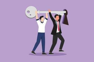 Cartoon flat style drawing business key concept with two male figures wearing suits while lifting and inserting huge key to keyhole. Businessman movement forwards. Graphic design vector illustration