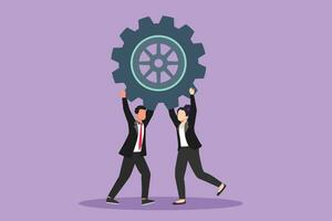 Cartoon flat style drawing of collaboration project. Active man and woman lifting gears. People working with cogs. Professional teamwork process cooperation concept. Graphic design vector illustration