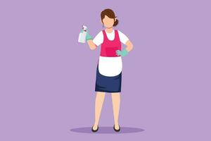 Graphic flat design drawing woman washing windows at home. Housework chores, female doing house work domestic duties. Girl cleaning, tidying up. Housekeeping routine. Cartoon style vector illustration