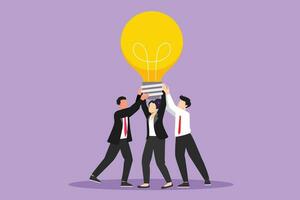 Graphic flat design drawing group of active people hold huge lamp new idea. Success in business rely on teamwork, good planning, finding creative solution to problem. Cartoon style vector illustration