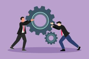 Graphic flat design drawing of two businessmen help each other pushing big cog. Group of people push gear, team of business tech holding gear collaboration solution. Cartoon style vector illustration