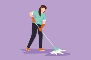 Graphic flat design drawing beautiful woman mopping floor in uniform. Girl cleaner janitor cleaning office. Cleaning service, hospital disinfection. Cleaning workers. Cartoon style vector illustration