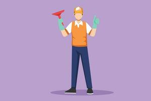 Character flat drawing of window cleaner in uniform with professional equipment for cleaning windows. Man cleaning and rub windows of building using spray and wiper. Cartoon design vector illustration