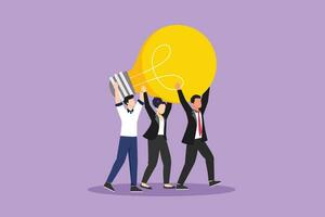 Character flat drawing concept of joint teamwork, building business team. Businessman and beautiful woman hold and lift light bulb. Idea generation, creative search. Cartoon design vector illustration