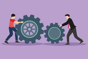 Graphic flat design drawing two businessman pushing big cogs together. Teamwork cooperation in gears mechanism. Young men work on push gears, teamwork or leadership. Cartoon style vector illustration