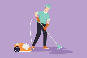 Cartoon flat style drawing attractive man professional busy janitor vacuum cleaning indoors, floor office cleaning, young, happy, wearing uniform, protective gloves. Graphic design vector illustration