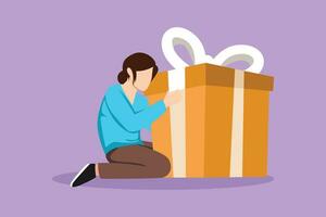 Cartoon flat style drawing joyful business woman hugging huge birthday gift from office. Young satisfied female sitting near wrapped birthday gift box with ribbon. Graphic design vector illustration