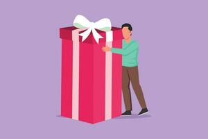 Cartoon flat style drawing businessman hugging huge birthday gift. Happy satisfied man standing near big wrapped birthday gift box with bow. Present, gift, birthday. Graphic design vector illustration