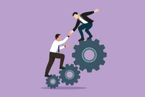 Graphic flat design draw two young businessmen helping each other to go up to pile of cogs. Teamwork people trust assistance. Technology gear collaboration solution. Cartoon style vector illustration