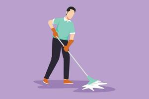 Graphic flat design drawing active man mopping floor in uniform. Attractive male cleaner janitor cleaning the office. Cleaning service job and hospital disinfection. Cartoon style vector illustration