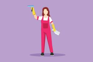 Character flat drawing of smiling cleaning staff member is wiping the window with brush and spray. Concept of woman cleaning windows from dust in different premises. Cartoon design vector illustration