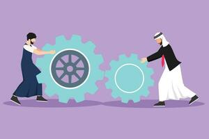 Cartoon flat style drawing two businessman pushing big cogs together. Teamwork cooperation in gears mechanism. Arab men work on push gears, teamwork or leadership. Graphic design vector illustration