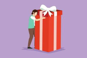 Character flat drawing of happy beautiful girl hugging huge birthday gift. Young satisfied woman standing near wrapped birthday gift box with bow. Present, birthday. Cartoon design vector illustration