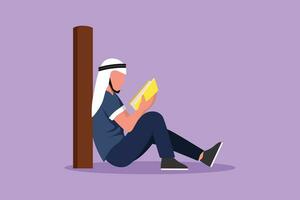 Character flat drawing Arab man sit on the floor, reclined on wall of library, read book. Guy studying and reading textbooks. Reader sitting on floor and learning. Cartoon design vector illustration