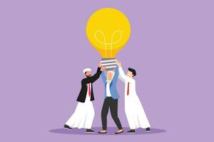 Graphic flat design drawing group of Arab people hold huge lamp new idea. Success in business rely on teamwork, good planning, finding creative solution to problem. Cartoon style vector illustration