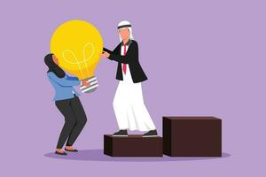 Graphic flat design drawing pretty Arab woman helping active man to lifting light bulb at stair. Business idea, teamwork, goal achievement, solution, success, winner. Cartoon style vector illustration