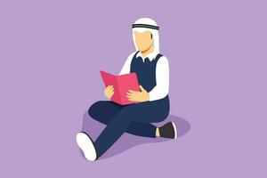 Graphic flat design drawing smart student preparing for exam at home. Arabian man studying and reading book at school library. Male reader sitting on floor, learning. Cartoon style vector illustration