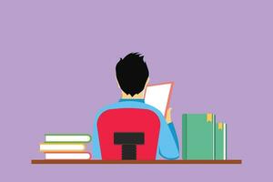 Cartoon flat style drawing back view of young man sitting at desk and reading book in library. Smart student studying hard and preparing for exam with pile of books. Graphic design vector illustration