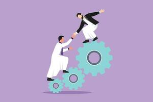 Graphic flat design drawing two Arab businessmen help each other to go up to pile of cogs. Teamwork people trust assistance. Technology gear collaboration solution. Cartoon style vector illustration