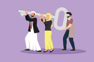 Character flat drawing group of Arabian business team holding and carrying big key to unlock the lock. Cooperative teamwork businessman woman, collaborative project. Cartoon design vector illustration