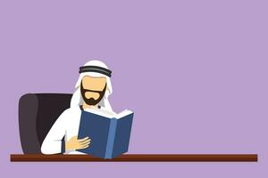 Graphic flat design drawing smart student sitting at table, holding book in hand. Arab student reading book in library. Student reading book and preparing for exam. Cartoon style vector illustration