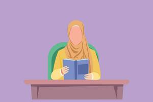 Cartoon flat style drawing pretty Arabian girl reading book, education. Woman student sitting at desk to read literary work, story books, study, textbooks on table. Graphic design vector illustration