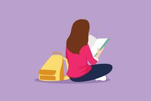 dibujos animados plano estilo dibujo educación. espalda ver de hermosa mujer sentado en piso leyendo libro. Universidad estudiante preparar a examen, espalda a colegio ganando conocimiento. gráfico diseño vector ilustración