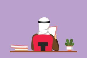 Cartoon flat style drawing back view of Arab man sitting at desk and reading book in library. Smart student studying hard and preparing for exam with pile of books. Graphic design vector illustration