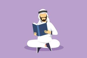 Character flat drawing man is sitting on floor reading book. Arabian student is preparing for the exam, applicant is preparing for admission, book lover is reading. Cartoon design vector illustration