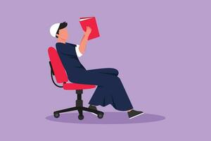 Character flat drawing smart boy reads book in chair. Side view of exiting process of learning by young male. Arabian boy spending spare time by reading literature. Cartoon design vector illustration
