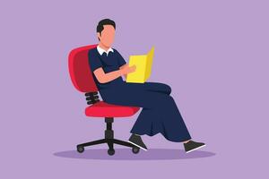 Graphic flat design drawing Arabian man reading book sitting in chair. Smart male reader enjoying literature, studying, preparing for exam in library at university. Cartoon style vector illustration