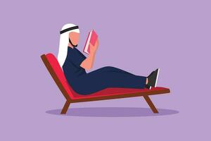 Character flat drawing reclined man reading book in lounge chair. Chill out time with good story concept. Smart Arabian male reader enjoying literature or studying. Cartoon design vector illustration
