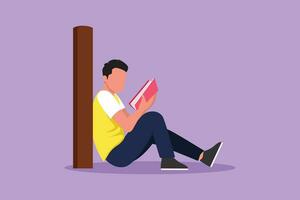 Character flat drawing young man sit on the floor, reclined on wall of library, read book. Guy studying and reading textbooks. Reader sitting on floor and learning. Cartoon design vector illustration